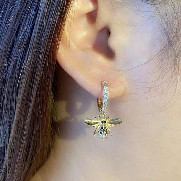 New Bee Hoop Dangle Diamond CZ Earrings - Picture 2 of 2